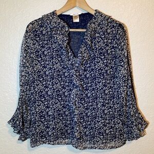 Edward Silk Ruffle Button Front 3/4 Sleeve Blouse Top Women’s Size S Navy Blue